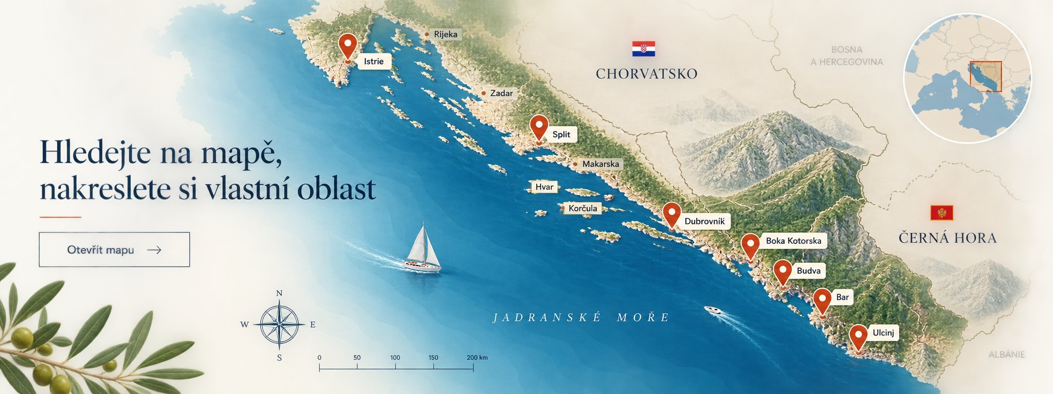 Ilustrovaná mapa jadranského pobřeží od Istrie přes Split a Dubrovník po Boku Kotorskou, Budvu, Bar a Ulcinj